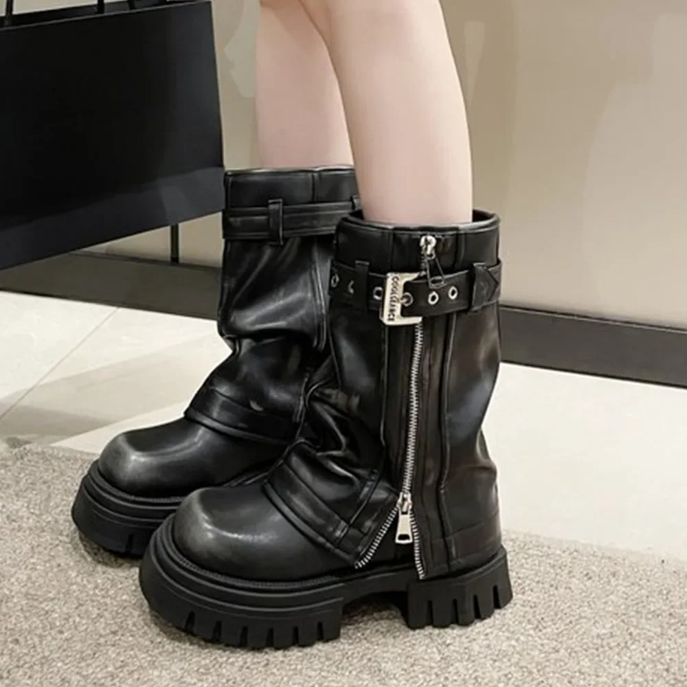 2024 Punk Platform Fold Ankle Boots for Women Belt Buckle Cool