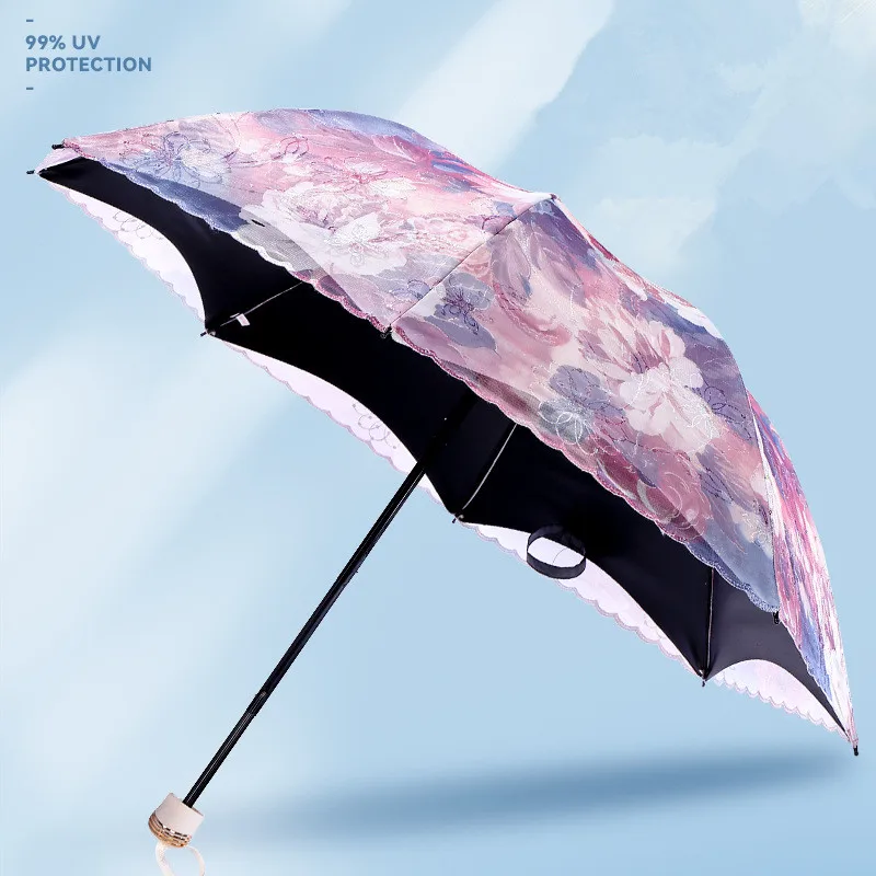 2 Layer Laciness Lady Umbrellas 3 Folding Black Coating Parasol Umbrella with Fancy Umbrella Bag Gift for Women