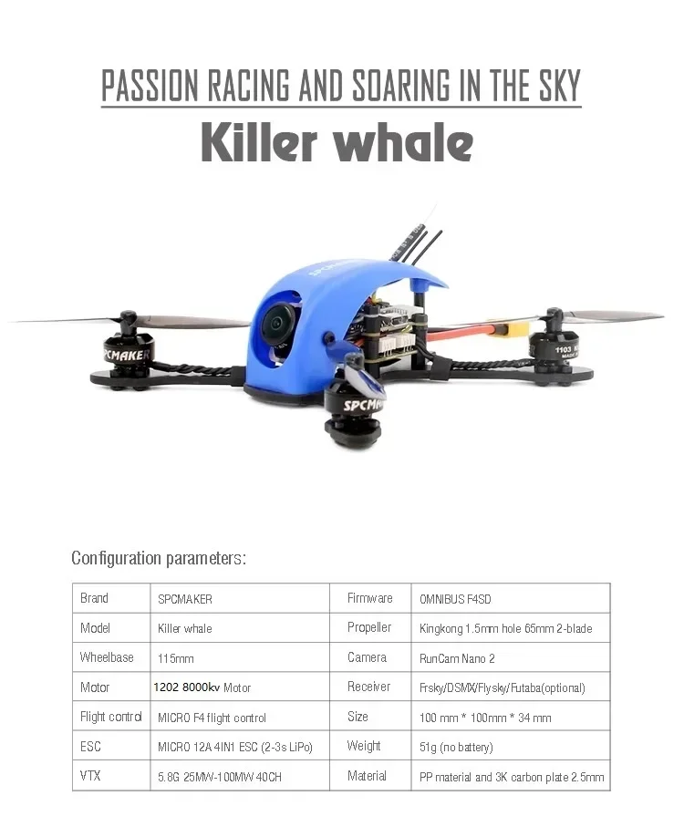 SPCMAKER Killer Whale Toothpick Crossover Remote Control Model Aircraft Toy PNP Whoop Quadcopter RC Racing Drones 1202 Motor