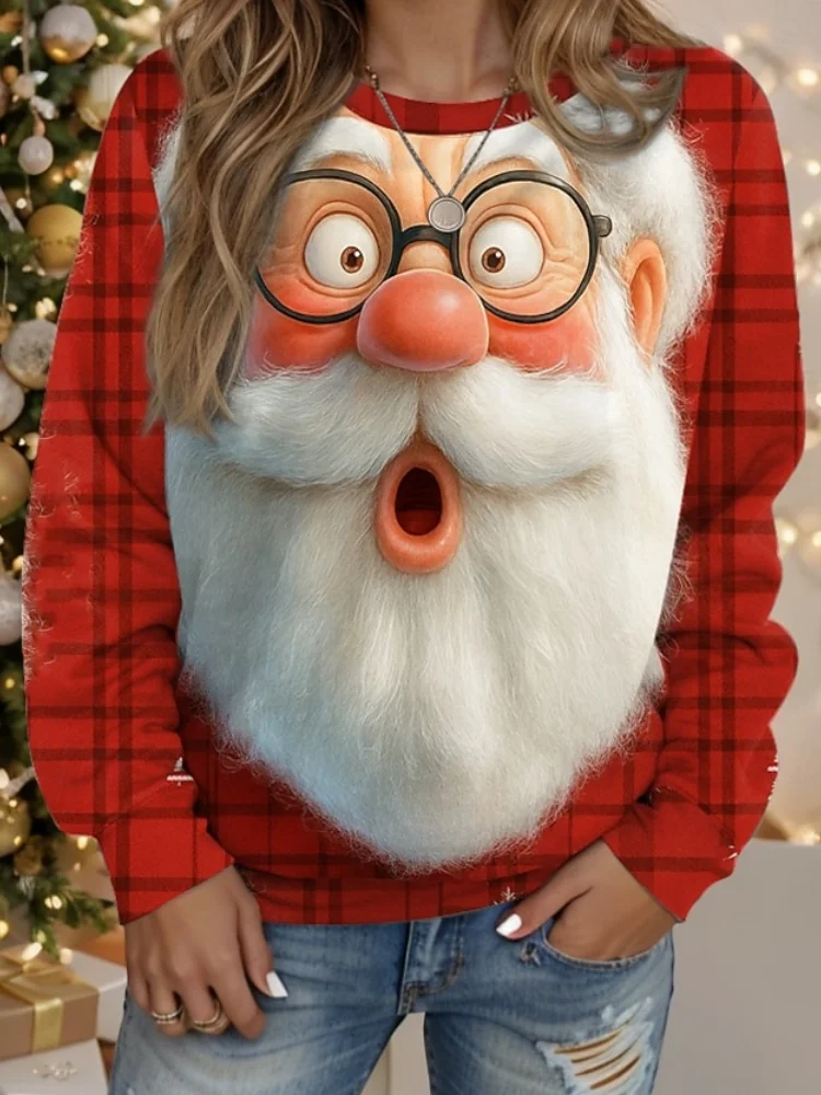 

Merry Christmas Round Neck Sweatshirt For Women Fashion Casual 3D Print Santa Clause Graphic Pullover Winter Long Sleeve Clothes