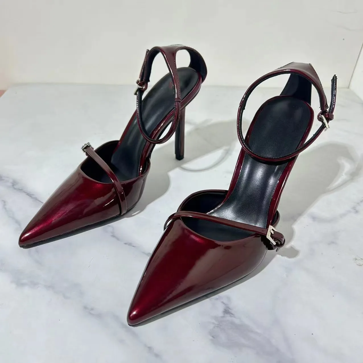 TRAF Dark Red Ankle Metal Buckle Pumps Women Point Head Patent Leather Stilettos Summer Sexy Thin High Heels Sandals For Woman ﻿