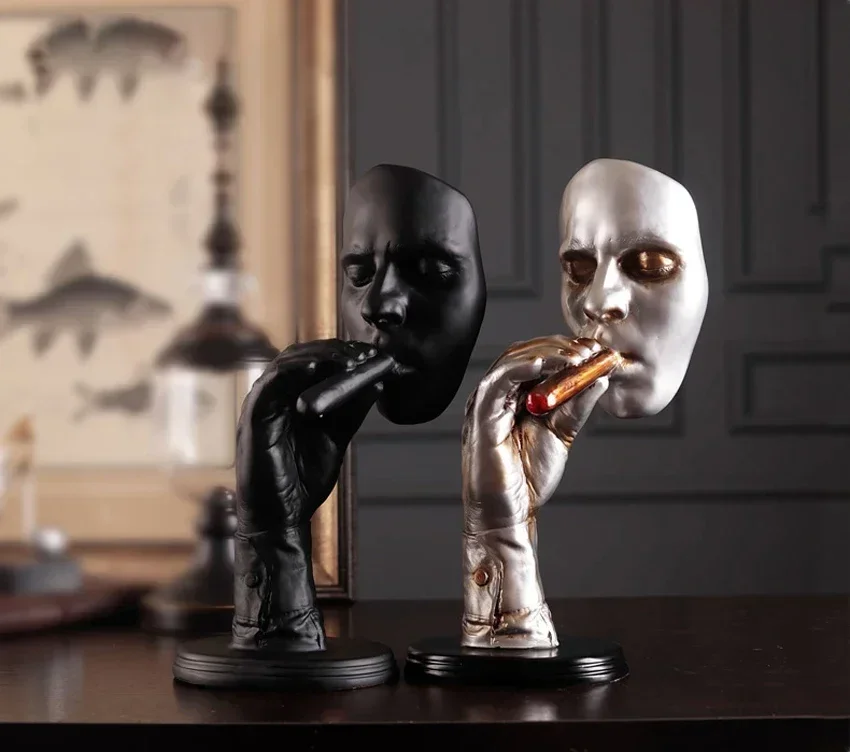 

Retro Smoker Figurine Mediator Abstract Sculpture Creative Man Smoking Cigar Statue Resin Home Office Decoration Gift