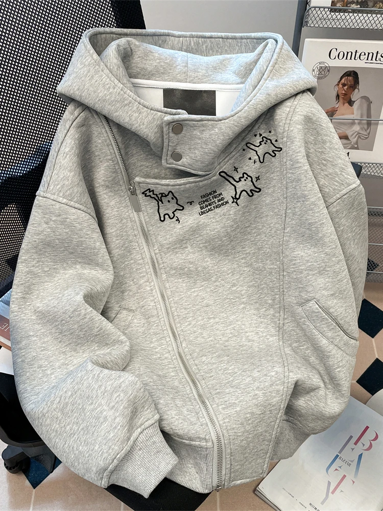 

Корейский утепленный кардиган оверсайз на флисе для женщин, свободный, в стиле lazy style, осенне-зимний, с принтом, на молнии, с длинными рукавами