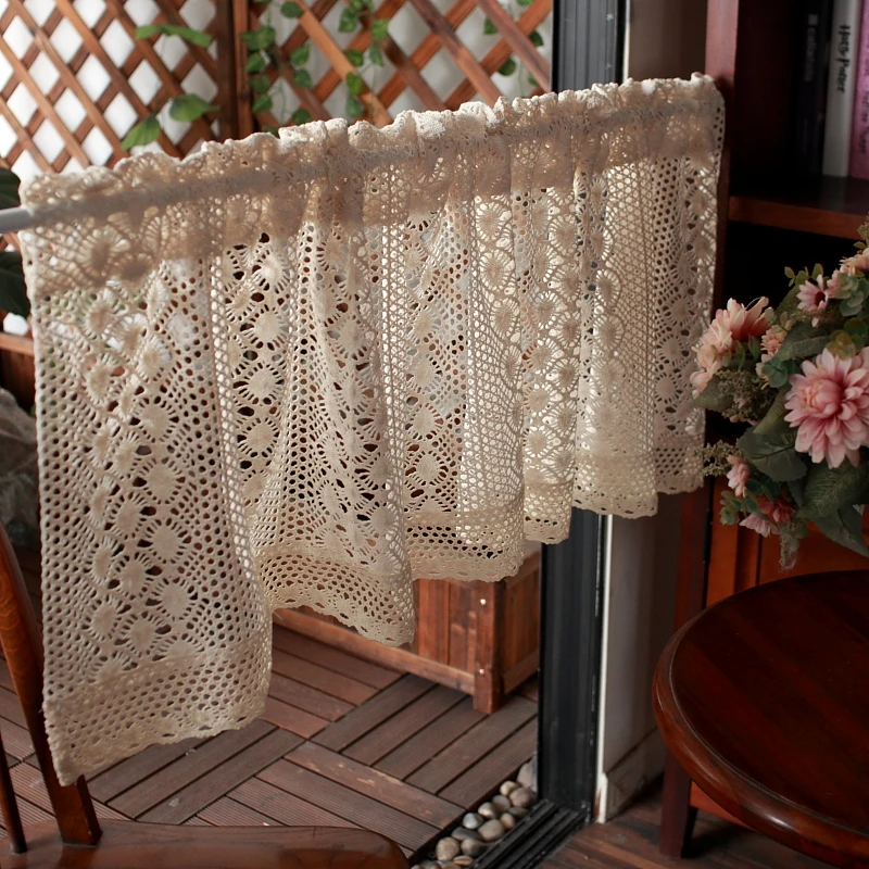 Handmade Hollow Lace Tassel Cotton Linen Kitchen Short Curtains Crochet Beige Valance Cafe Kitchen Door Window Drapes Cortinas