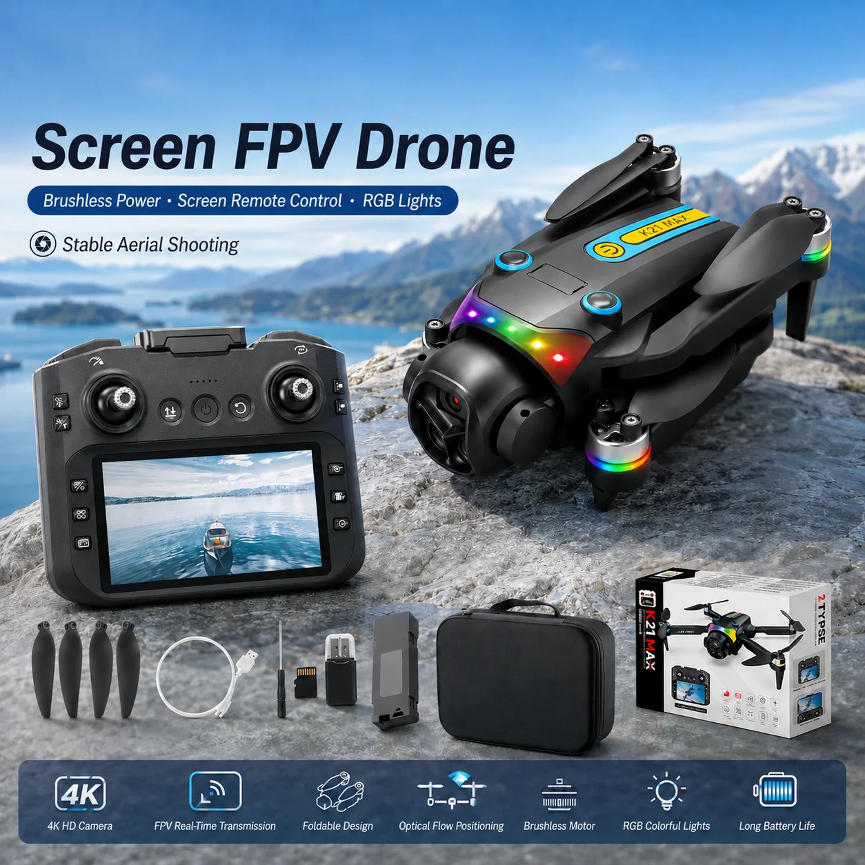 RC Drone Optical Flow Hover Headless Mode 360° Stunt Roll Trajectory Flight Waypoint Definition One Key Takeoff Landing Wind Resistant Hobby Drone