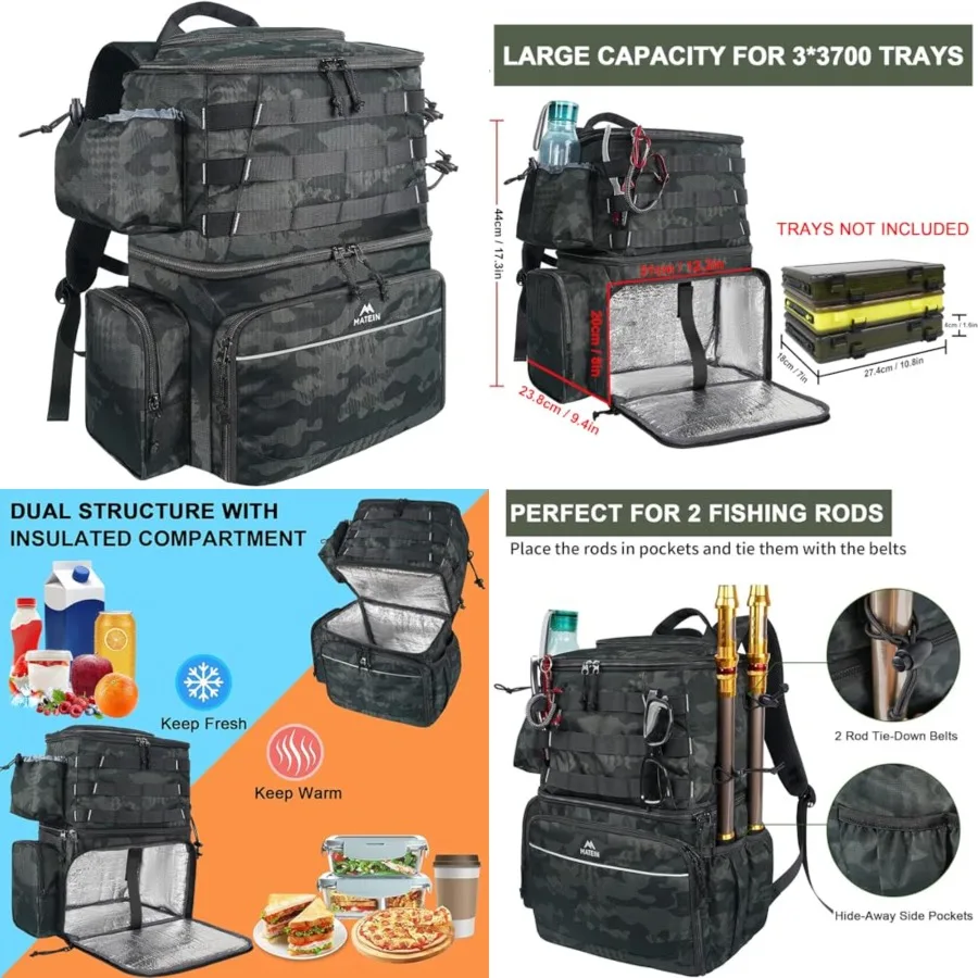 

Fishing Backpack, Water Resistant Tackle Storage Bag with Rod Holders and Cooler, Fishing Gifts for Men