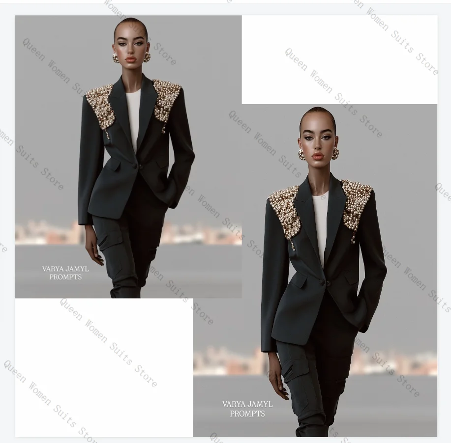 Conjunto de terno feminino de pérolas de luxo, 2 peças, blazer + calças retas, algodão, formal, escritório, jaqueta, casamento, baile, personalizado