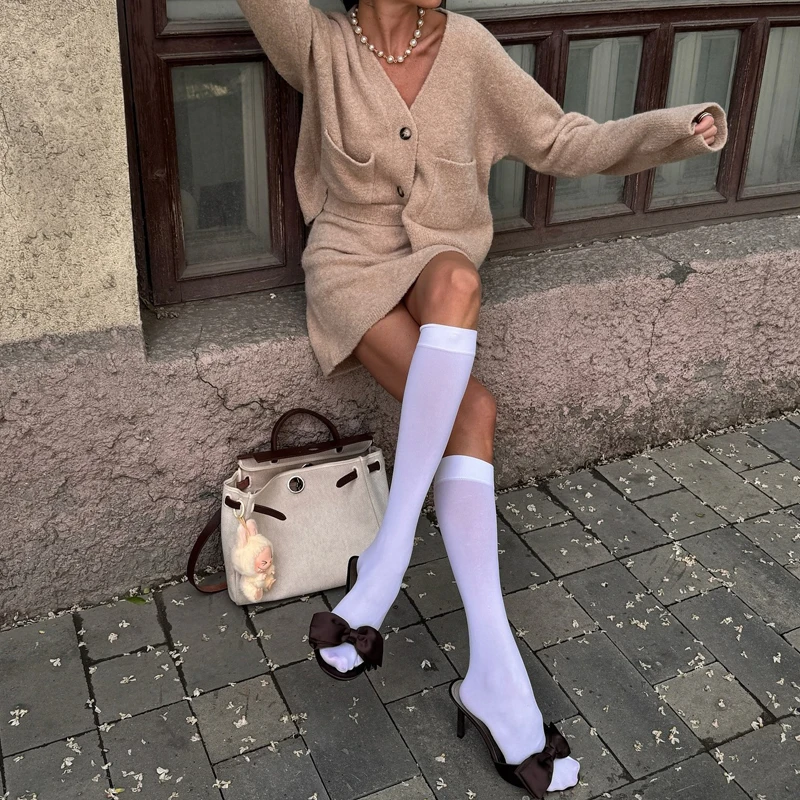 Setelan Rajut Wanita Elegan 2 Potong, Cardigan Rajut Lengan Panjang V-neck & Rok Mini, Setelan Kerja Modis Warna Solid Slim