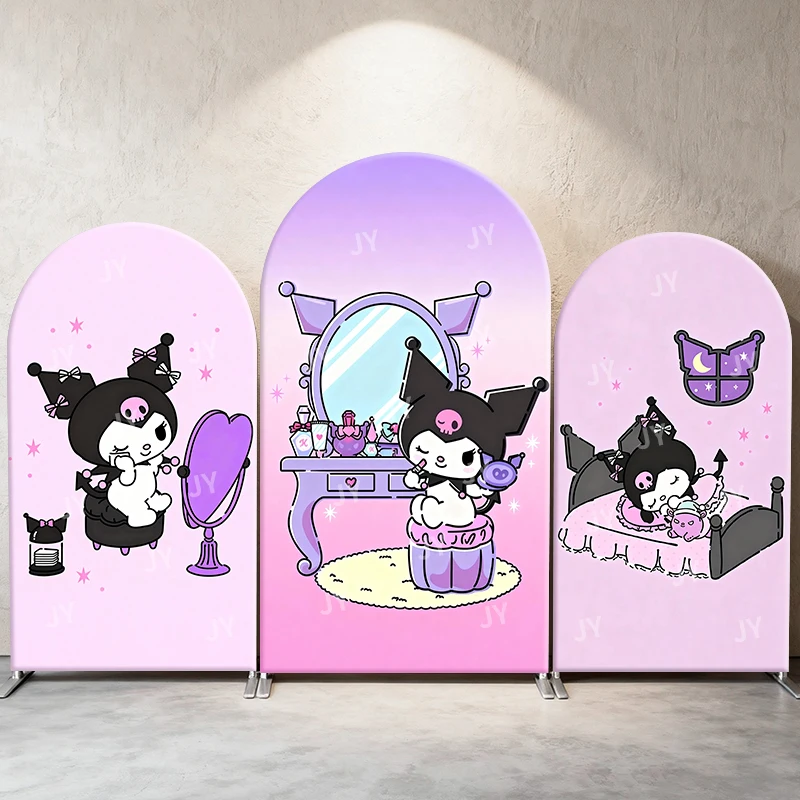 

Sanrio Kuromi Arch Backdrop Cover Pink Purple Cute Festive Scene for Kids Birthday Baby Shower Photo Booth Stretch Fabric Decor