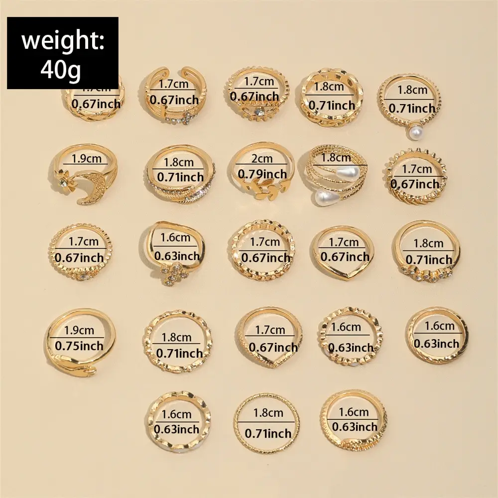 23Pcs/Set Faux Pearl Cross Eye Moon Star Hug Leaf Snake Chain-Shaped Metal Multi-Element Rhinestone Ring For Women Birthday Gift image 6