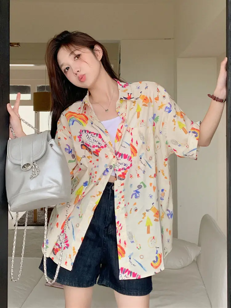 Japanese Personality Cartoon Graphic Shirts Couples Harajuku Kawaii Blouse Loose Oversized Summer Tops Students Casual Camisas