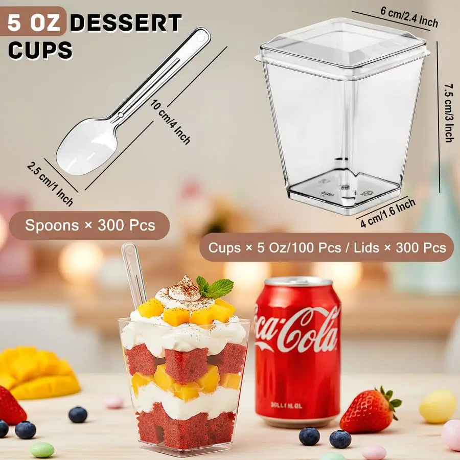 

Набор из 5 десертных стаканчиков объемом 5 унций с крышками и ложками, многоразовые прозрачные пластиковые стаканчики для парфе и закусок, мини-стаканчики для десертов и пудингов.