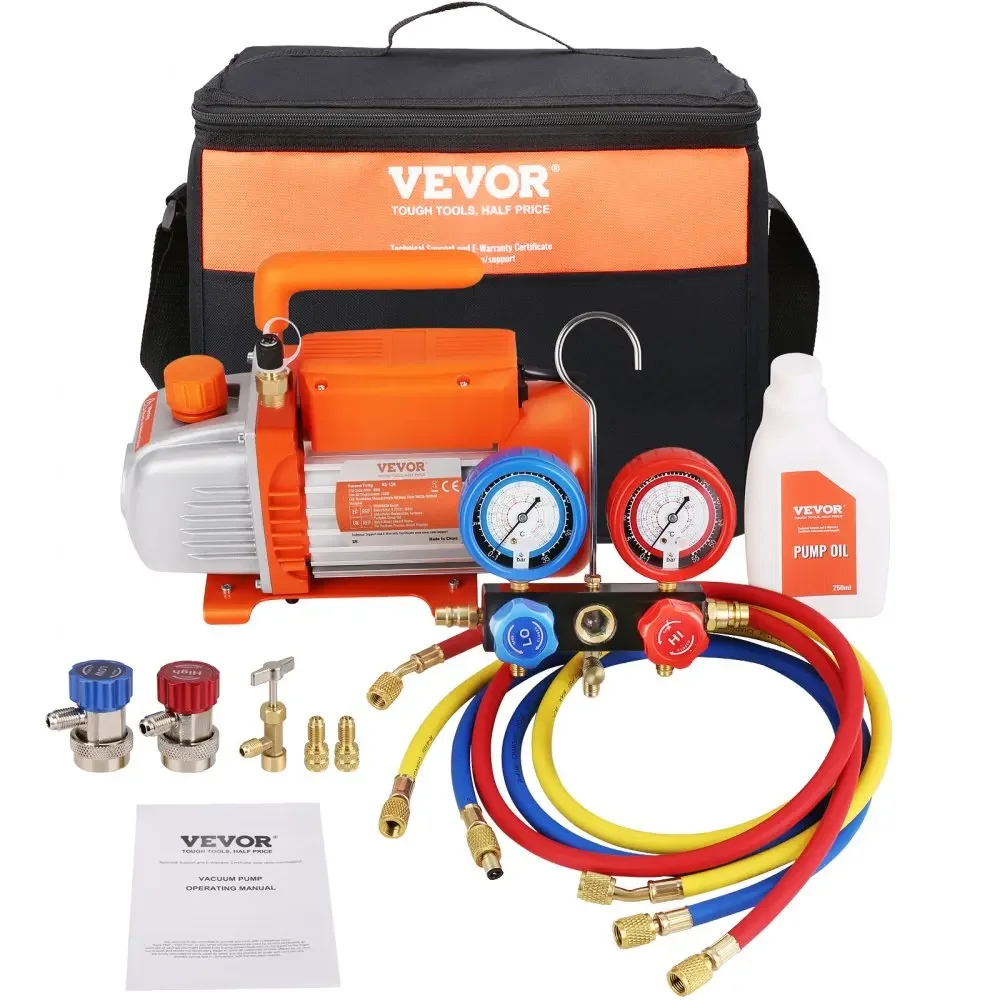 VEVOR  AC Vacuum Pump and Gauge Set,4.5 CFM /3.5 CFM  Single Stage  Air Vacuum Pump A/C Refrigerant Kit Manifold Gauge Set