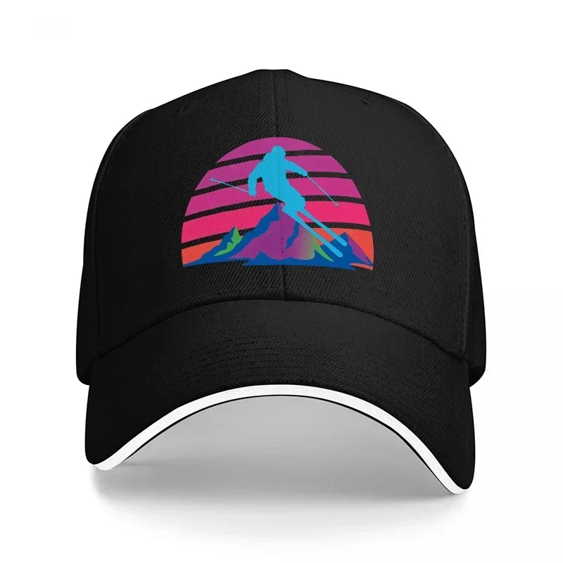 New Retro Ski Mountain Sunset Design Black Baseball Cap with Vibrant Gradient Art and Silhouette Pattern for Outdoor Enthusiasts