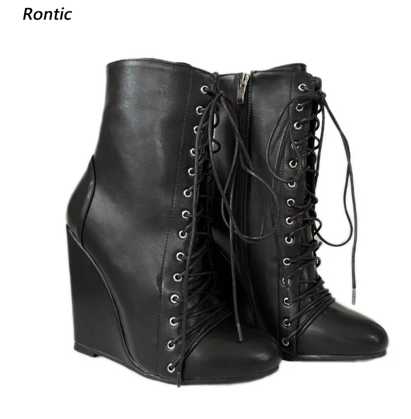 Rontic, recién llegado, botines de invierno para mujer, cuñas con cordones, tacones, punta redonda, bonitos zapatos informales naranjas y negros, talla grande 5-20 de EE. UU.