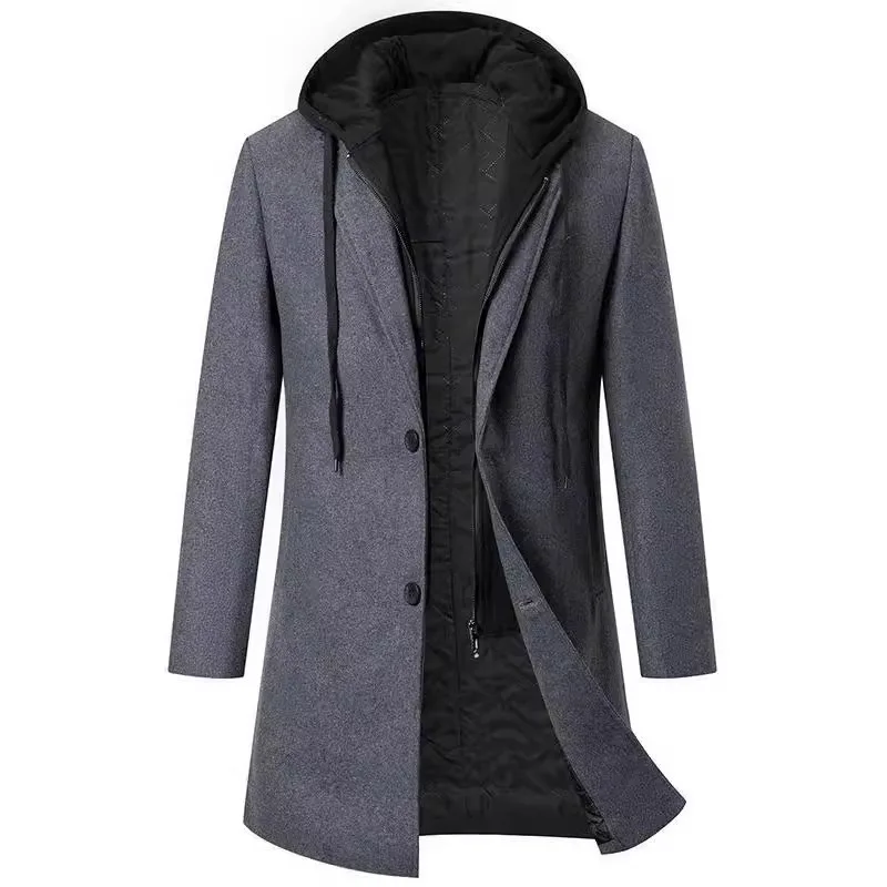 Man Jacket Winter Thicken Warm New Contrast Color Hooded Male Fake Two-piece Overcoat Long Sleeve Mid Length Men Outerwear