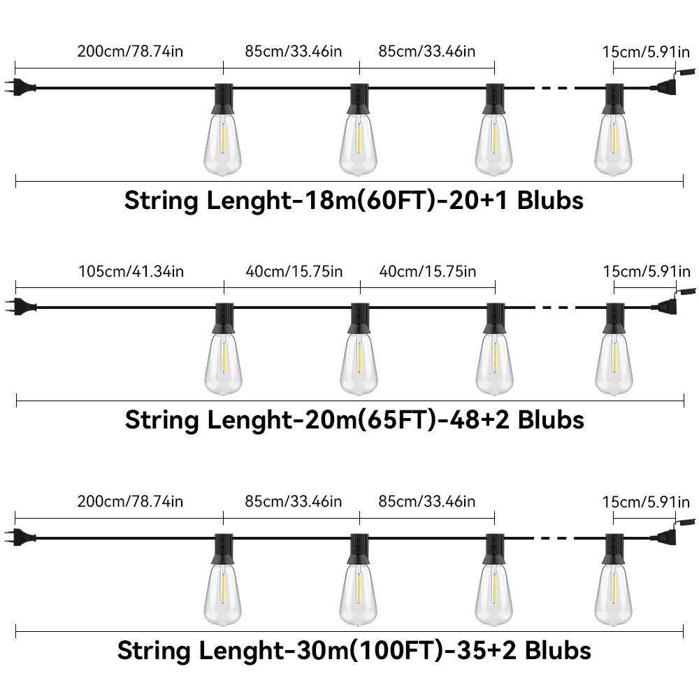 65FT Outdoor-Girlanden-Lichterkette, 48 LEDs + 2 bruchsichere ST38-Edison-Glühbirnen, wasserdicht, für Terrasse, Veranda, Garten, Hochzeit, Dekor, Lampen, 2200 K – Detail 1