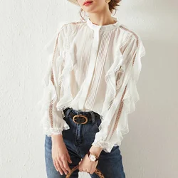 GypsyLady Vintage Chic French Blouse Shirt Autumn Hollow Out Sheer Women Blouse Long Sleeve Trims Ruffles Sexy Ladies Female Top