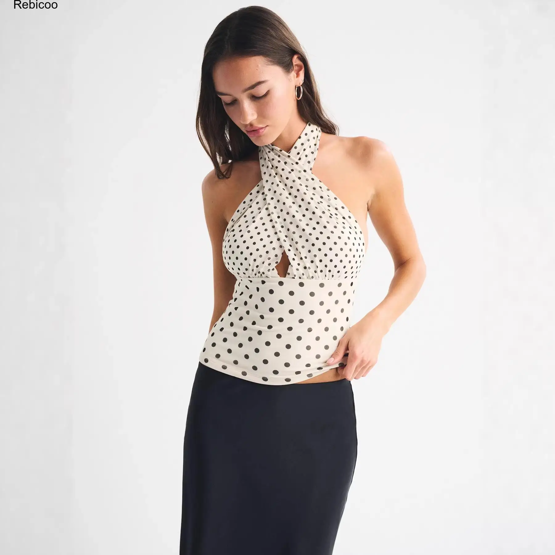 Women's Polka Dot Halter Neck Top with Long Tie Back, Sleeveless Deep V-Neck Wrap Blouse for Summer Party and Casual Wear