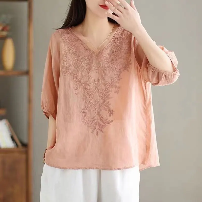 Vintage Folk Embroidery Shirt Loose Women\'s Clothing Casual V-Neck Stylish Gauze Spliced Summer New Half Sleeve All-match Blouse