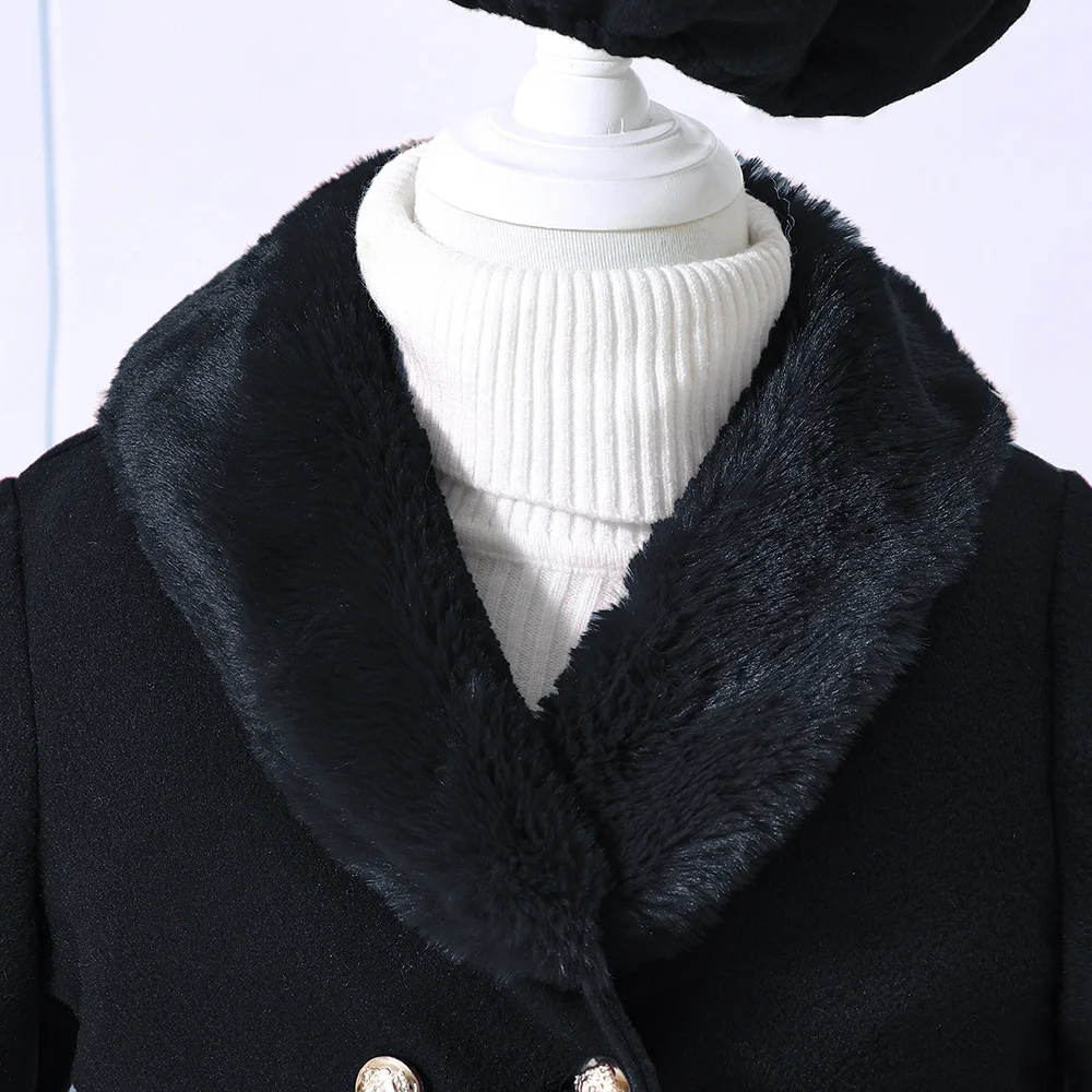 Mädchen-Herbst-Wintermantel, neue einfarbige Jacke für Mädchen mit Baskenmütze, warme, mittellange Oberbekleidung für Herbst und Winter. – Detail 20