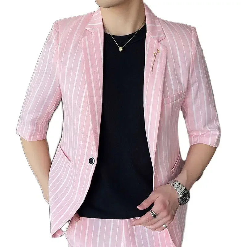 

2023 New Spring and Summer (suit + Trousers) Half-sleeved Men's Slim Korean Version Casual Small Three-quarter Sleeve Suit Suit