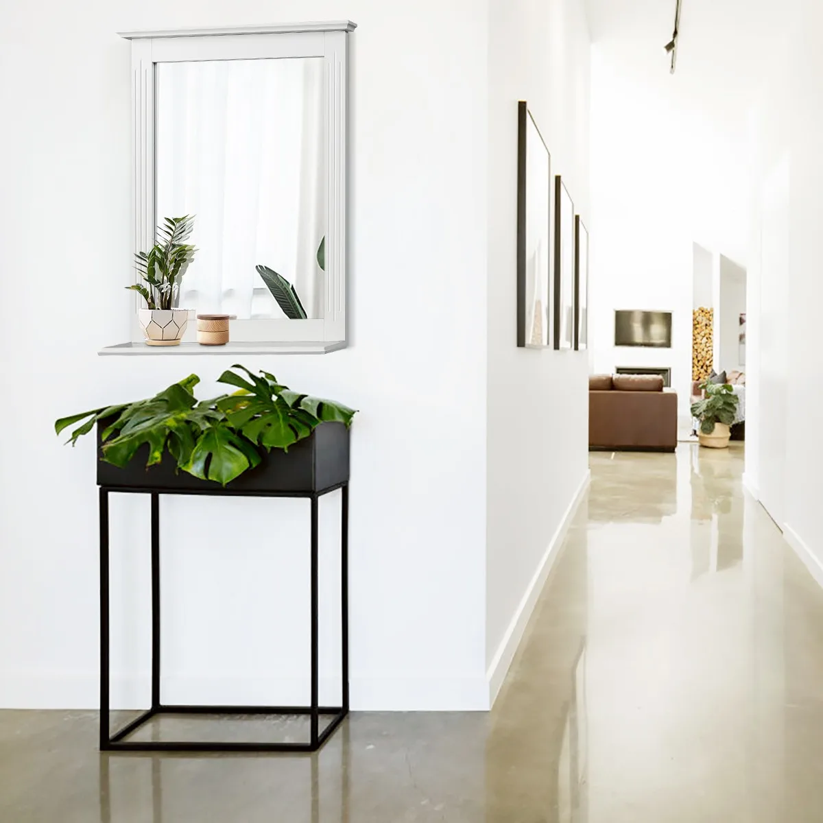 กระจกติดผนังห้องน้ำสีขาวพร้อมชั้นวางทรงสี่เหลี่ยม ดีไซน์หรูหรา ใช้เป็นกระจกแต่งหน้าได้