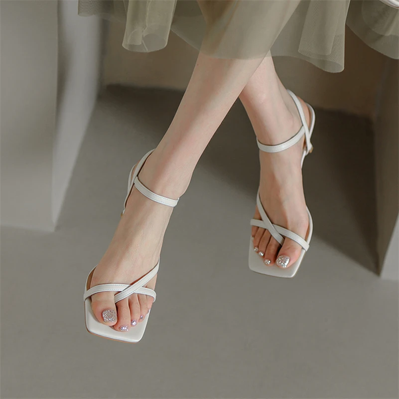 Meotina Shoes Women Genuine Leather Sandals Thin Heel Sandals High Heels Buckle Square Toe Ladies Footwear Summer Beige Black 39