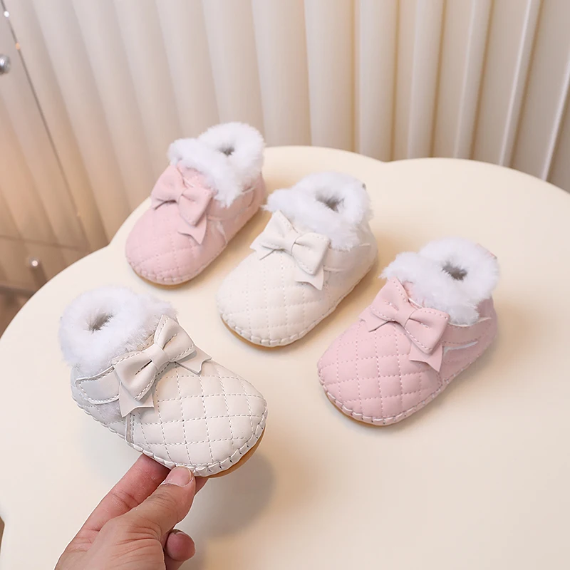 

Baby Snow Boots with Thick Fur Cute Kids Walking Shoes Sweet Bows Round Toes 2025 Winter New Girls Fashion Shoes Warm Non-slip