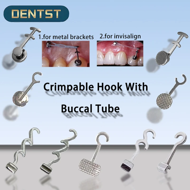 Dentst Orthodontic Crimpable Hook With Buccal Tube Dental Multi-Function Long Hook Bondable Lingual Button Mesh Base 50pcs/box