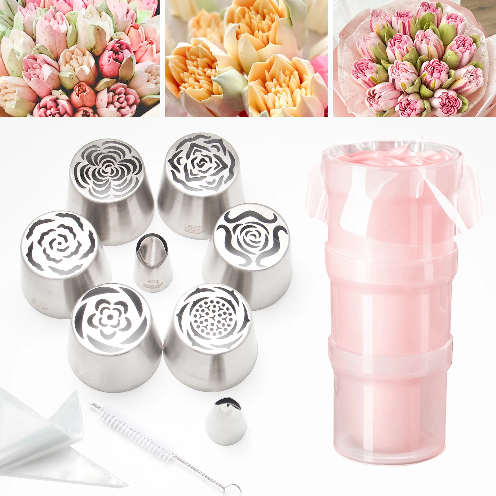

20-Piece Extra Large Flower Nozzle Set, Stainless Steel Rose Cotton Candy Flower Nozzle, Piping Bag Filling Aid Baking Tool