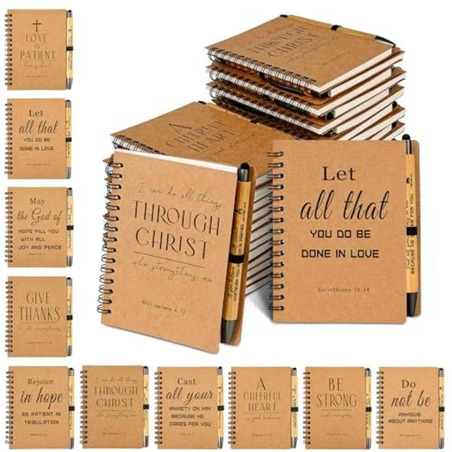 

Sets Bulk Christian Spiral Notebooks with Bamboo Pen Prayer Journal, Small Lined Notepad 5.43"x4.33" - Father Day Gifts for Chu