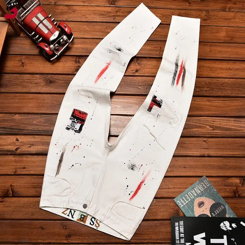 

White Vintage Motorcycle Jeans for Men Trendy Ink Splash Print Patch Slim Fit Stretch Skinny Street Pants