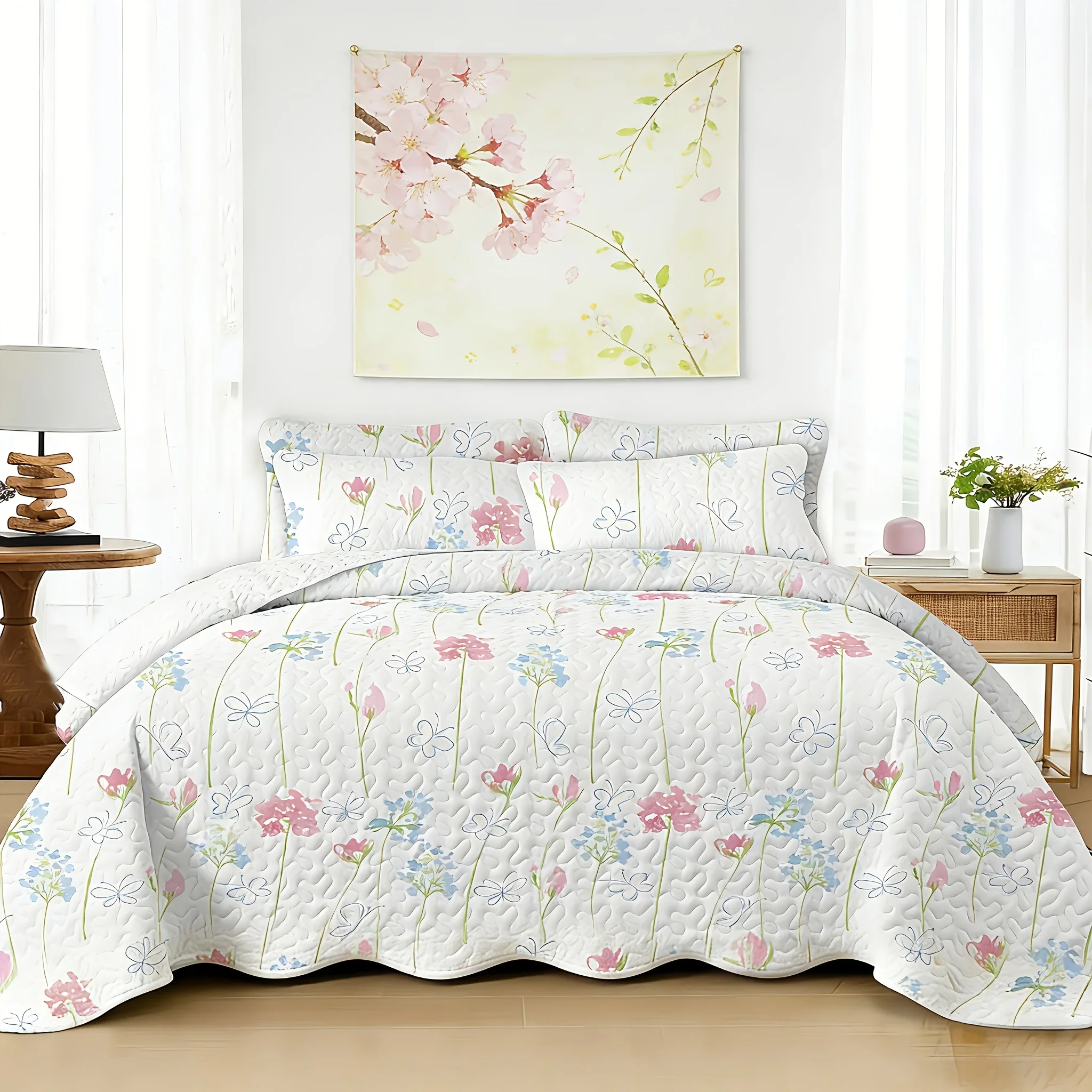 

DDHOME 2/3pcs Floral Pattern Bedding, Available Sizes: Queen/King/Double/Single, Reversible Quilted Bedspread, Suitable for Country-style Bedrooms, Oversized White, Pink, and Green Floral Botanical Pattern Blanket, Includes Pillowcases