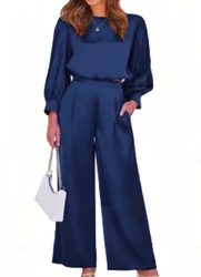 Women's 2-piece casual color Ding set 2024 autumn casual long sleeved top, loose pants can be worn as outerwear home suit set