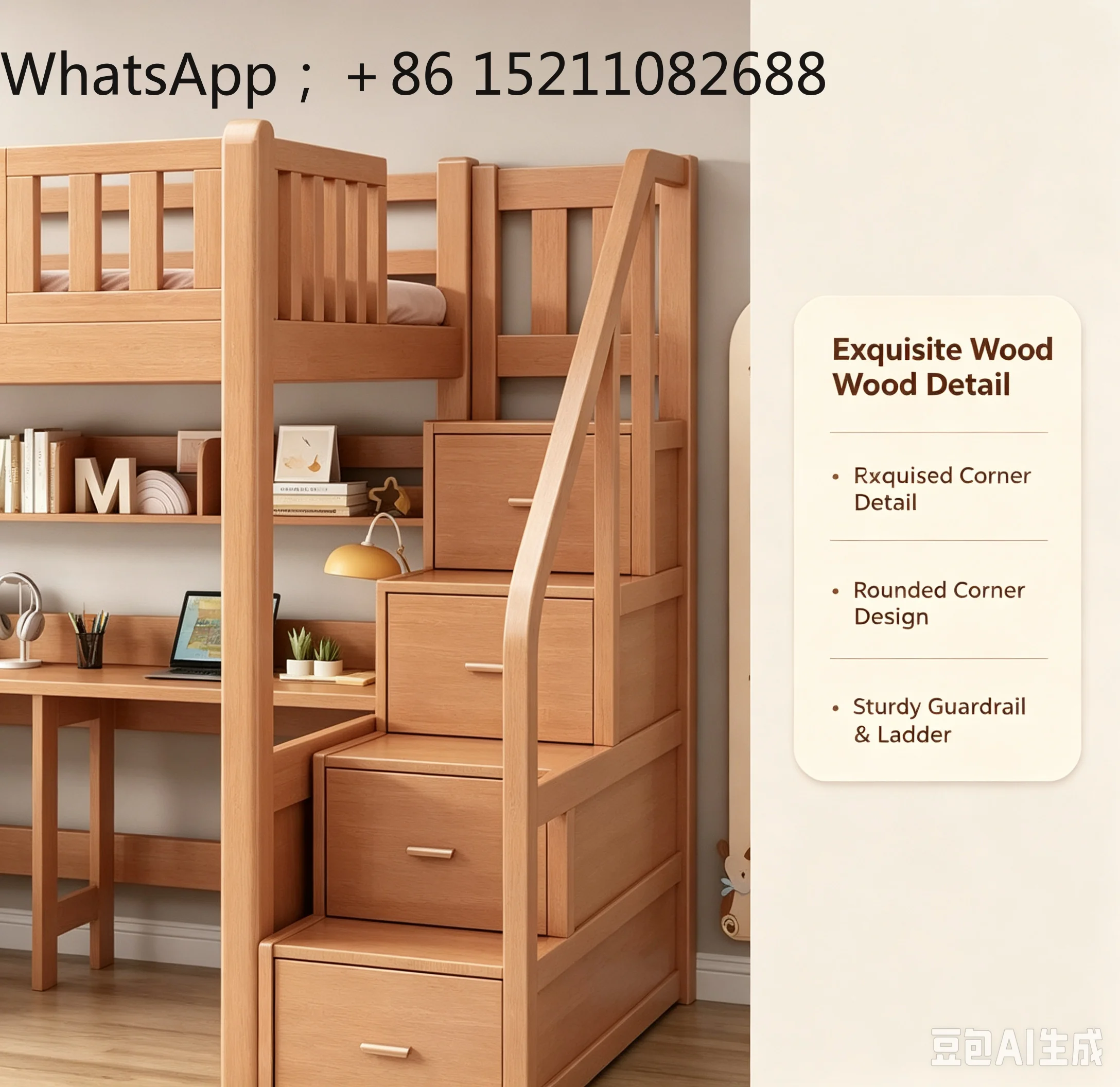 SCY solid wood interlaced bunk beds, upper bunk rest, lower tier office with desk, multifunctional loft bed