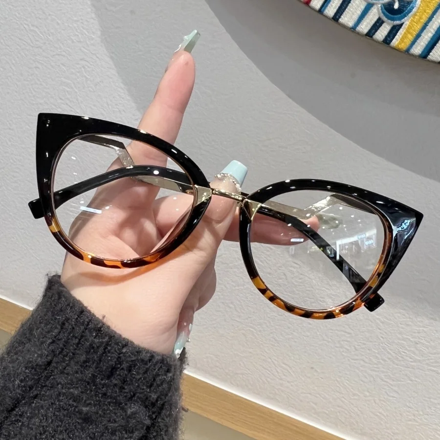 1Pc Unisex Stylish Retro Cat Eye Design, Curved Legs, Flat Glasses, Metal Accessories, Trendy, Retro, Sweet