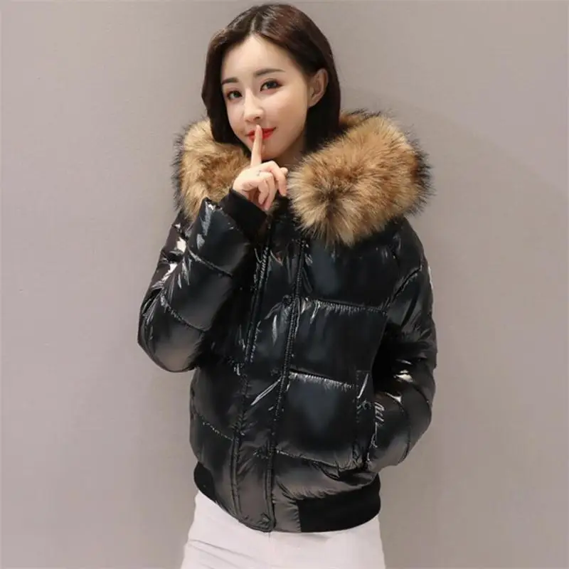 2023 Winter Jacket Women glossy Soft Down Jacket Big Aritificial Fur Waterproof Coat Female Short Outwear Thick Warm Down Parka