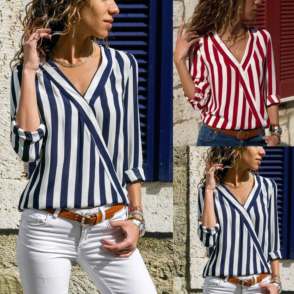 

Autumn/winter V-neck striped loose cross shirt Long sleeve T-shirt