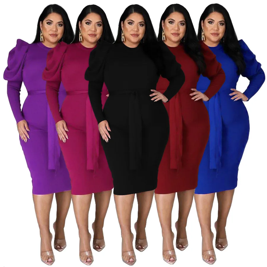 Plus Size Office Lady Bodycon Women Dress Fall Winter Puff Sleeve Lace Up Knee Length Dresses Elegant Party Oversize Vestidos