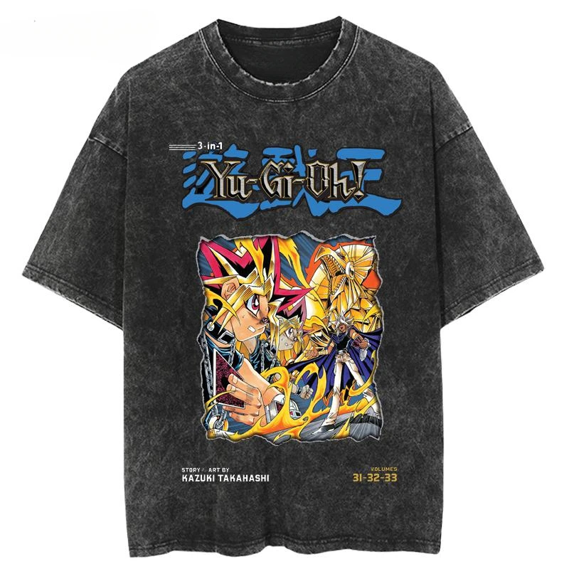 Y2k Summer Japanese Anime Washed-out and Distressed Vintage Short-sleeved T-shirt Cotton Yu-Gi-Oh! Duel Monsters GameKing