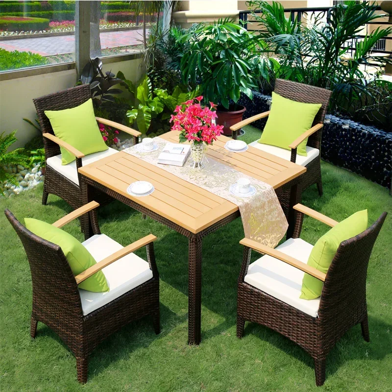 

Outdoor balcony table, chair, backrest, courtyard rattan balcony, anti-corrosion wooden rattan chair combination