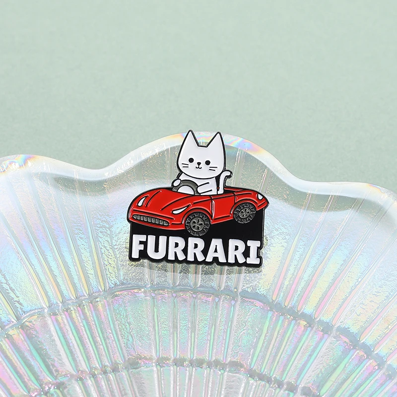 Supercar Cat Badge White Cat Driving a Sports Car Enamel Badge Trendy Cat Accessory A Humorous Gift for Sports Car Enthusiasts
