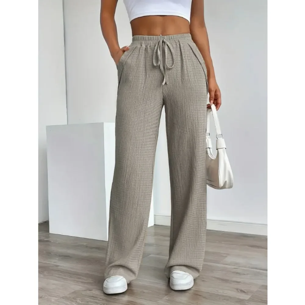 Women Solid Pattern Relaxed Fit Elastic Mid Rise Drawstring Pocket Unisex Pants Neutral Casual Long Trousers Soft Breathable