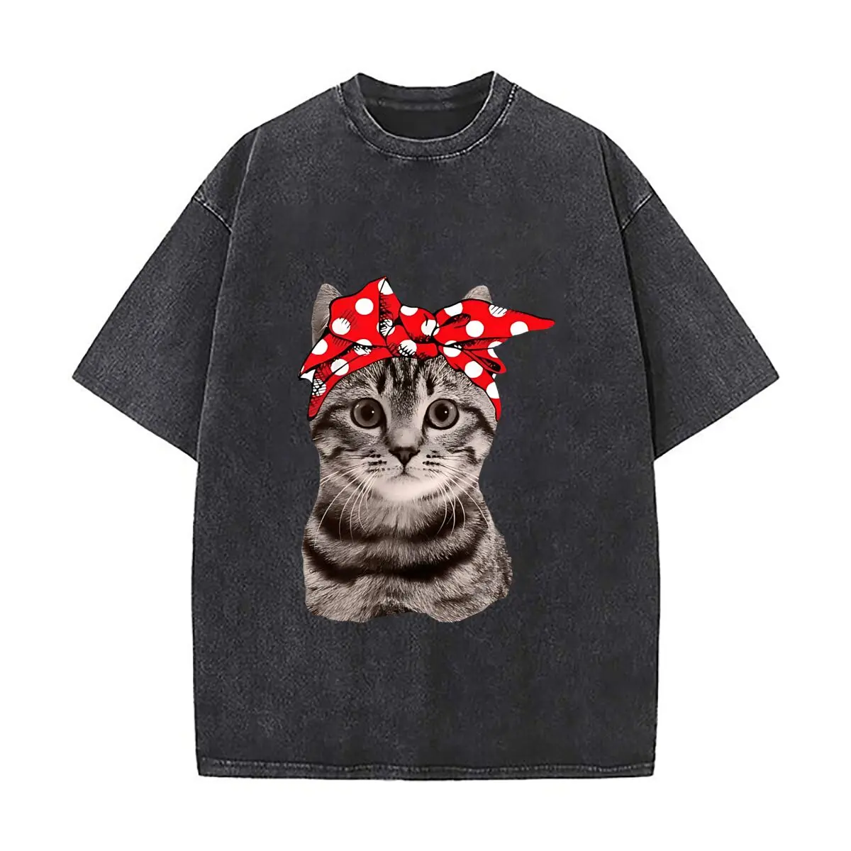 Cat With Red Polka Dot Bandana Home Decor Vintage Distressed Loose Streetwear Tops for Campus Days