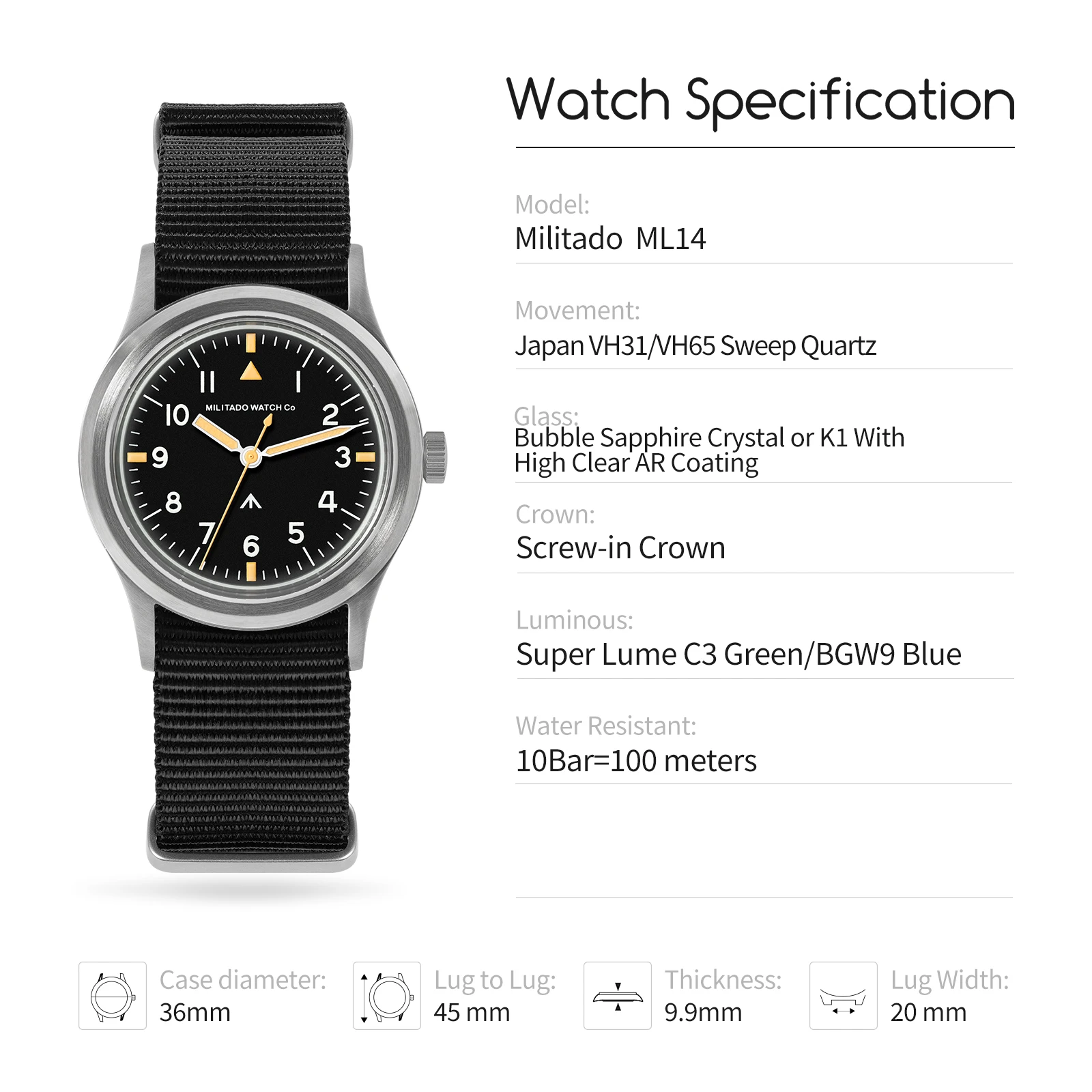 Militado ML14 V2 Watch VH31/VH65 Sweep Quartz/515 Movement K1Glass High Clear AR Coating Night Light 10Bar Waterproof Retro Wath
