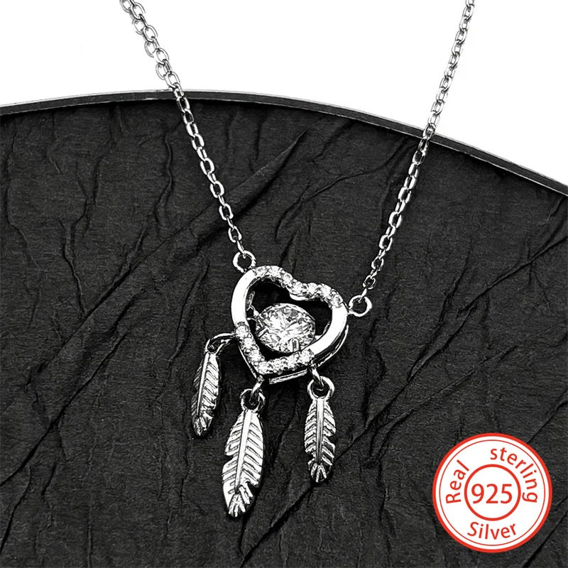 

925 Sterling Silver Heart Chain Women Girls Feather Tassel Rhinestone Clavicle Choker Necklace Wedding Birthday Jewelry Gifts