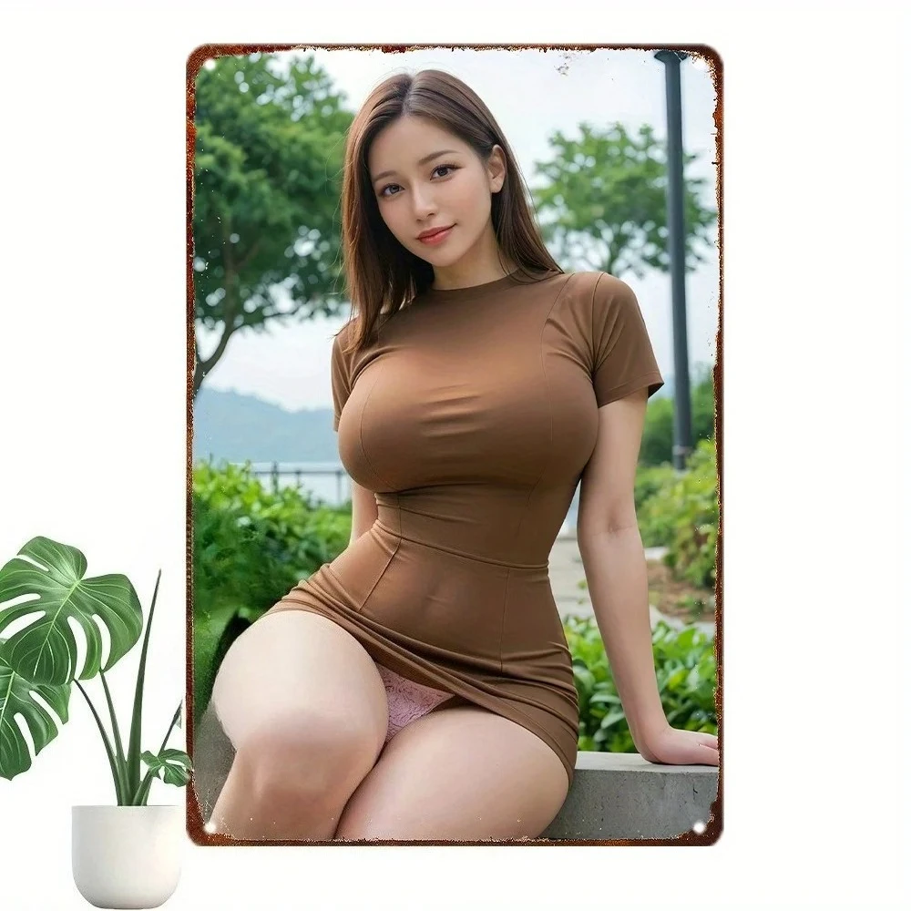 Vintage Metal Tin Sign Beautiful Asian Woman In Brown Dress Wall Decor For Home Bar Cafe