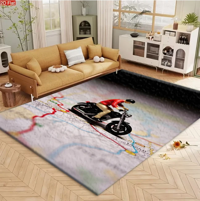 Miniature Motorcycle Travel Map Art carpet flooring, Creative Mini Toy Model Photography Print Area Rug for Living Room Bedroom Home Interior
