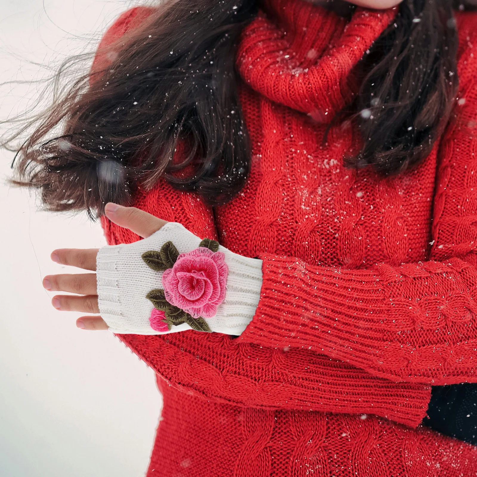 

1Pair Fingerless Gloves Women Fashion Floral Knitted Warm Half Finger Mittens Cold Weather Chic Fingerless Gloves